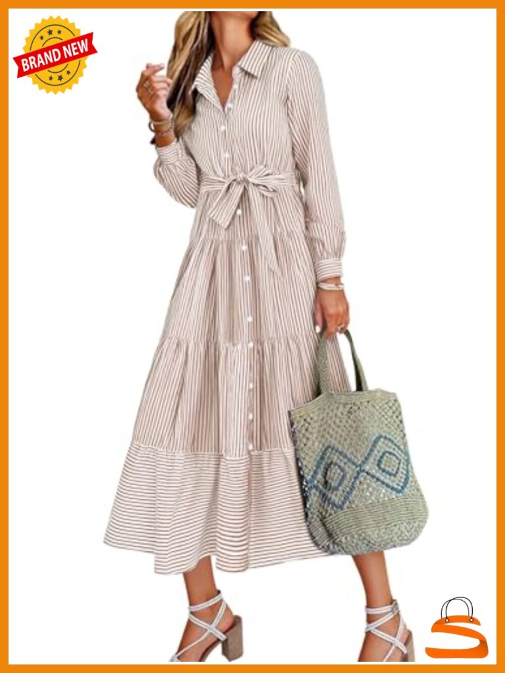 Women's Long Sleeve Flowy Striped Maxi Dress with Pockets